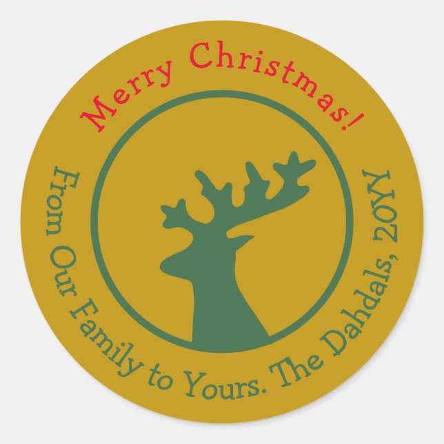 Customized Christmas Reindeer Head Green Red Gold  Classic Round Sticker (Front)