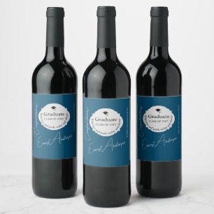 Customized Class Of 20XX Graduation Blue Template Wine Label