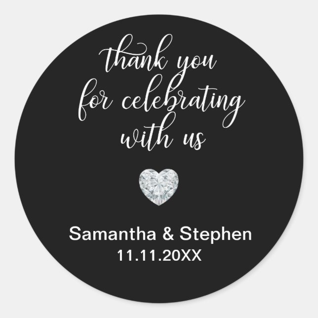 Customized Classic Diamond Black & White Wedding Round Sticker (Front)
