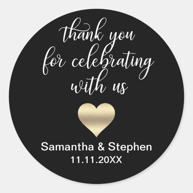 Customized Classic Gold Heart Black White Wedding Classic Round Sticker (Front)