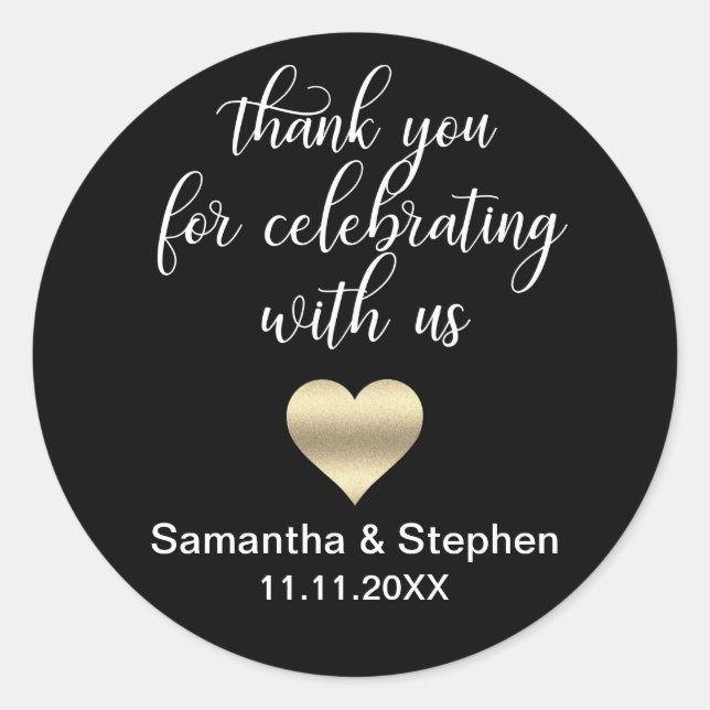 Customized Classic Gold Heart Black White Wedding Round Sticker (Front)
