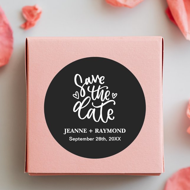 Customized Clean Black Wedding Save the date Classic Round Sticker (Creator Uploaded)