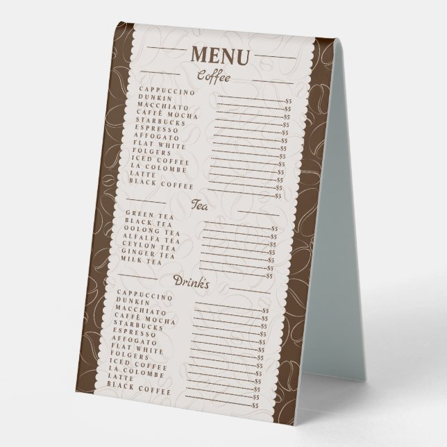 Customized Coffee, drinks and Tea Menu Table Tent (Back)