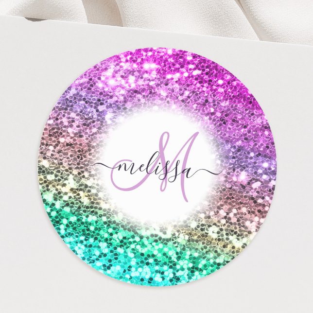 Customized Colorful Glitter Mermaid Monogram Name Classic Round Sticker (Creator Uploaded)