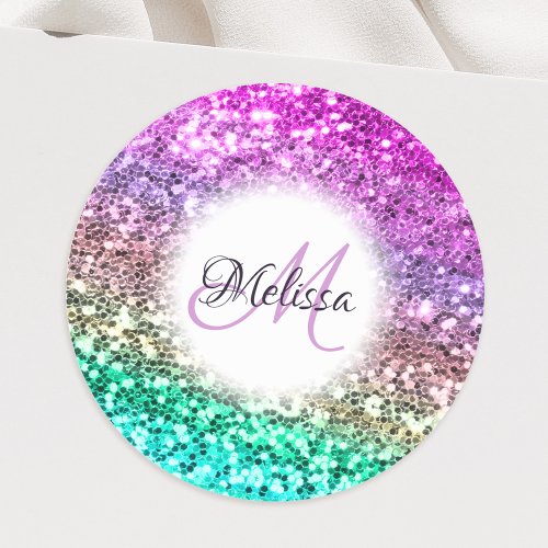 Customized Colorful Glitter Mermaid Monogram Name Classic Round Sticker