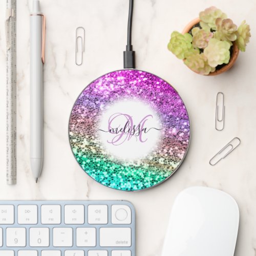 Customized Colorful Glitter Mermaid Monogram Name Wireless Charger