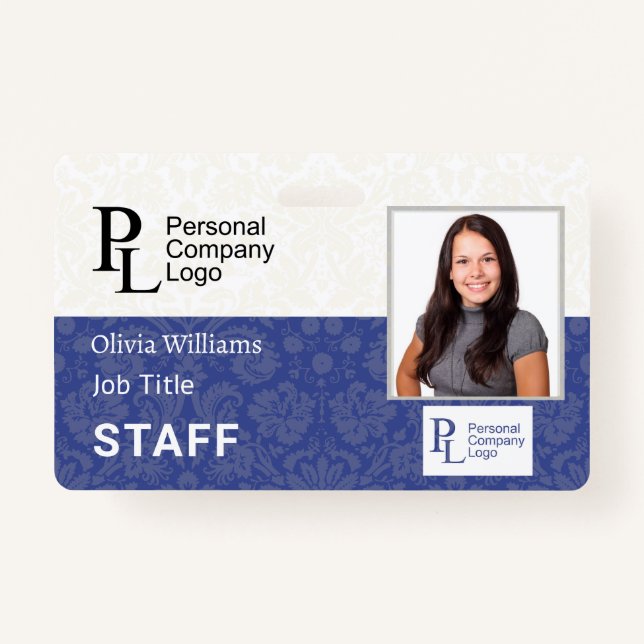 Customized Company Elegant Damask Staff Photo ID Badge (Front)