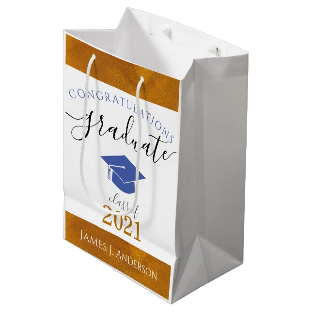 Customized Congrats Graduate Class Year Blue/Gold Medium Gift Bag (Front Angled)