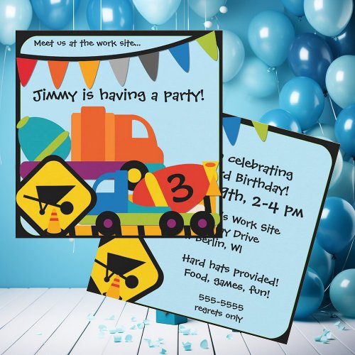 Customized Construction Cement Mixers Birthday Invitation