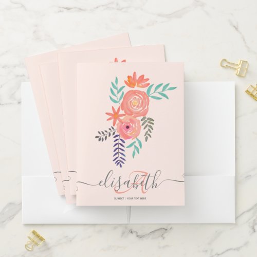 Customized Coral Pink Watercolor Flower Bouquet Pocket Folder