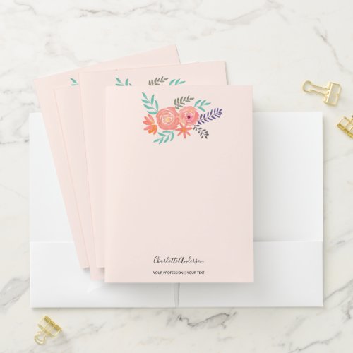 Customized Coral Pink Watercolor Flower Bouquet Pocket Folder