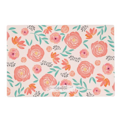Customized Coral Pink Watercolor Flower Pattern Placemat