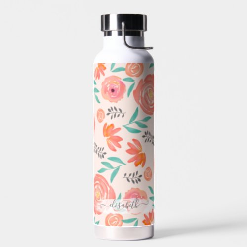 Customized Coral Pink Watercolor Flower Pattern Water Bottle