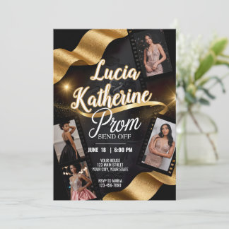 Customized Couple Photos Prom Send Off Gold Ribbon Invitation