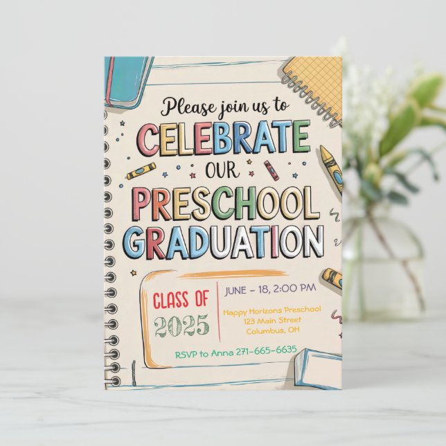 Customized Crayons Notebook Preschool Graduation Invitation (Standing Front)