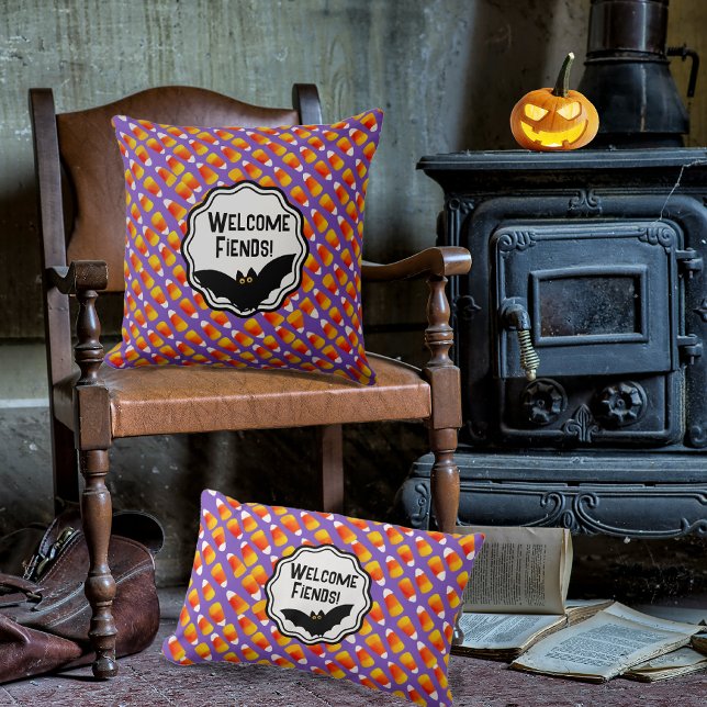 Customized Crazy Candy Corn Black Bat Throw Pillow (Fiends, friends or family...welcome all to your spooky home this Halloween!)