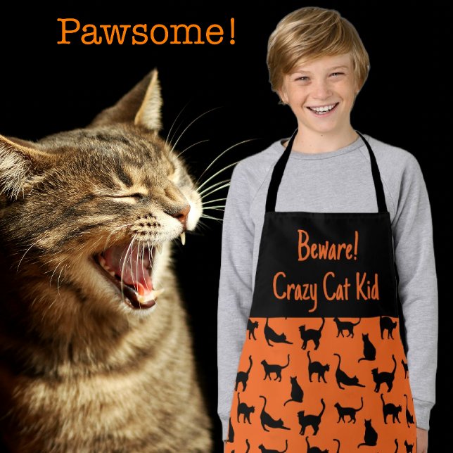 Customized Crazy Cat Kid Halloween  Apron (It's a family affair in the kitchen!)