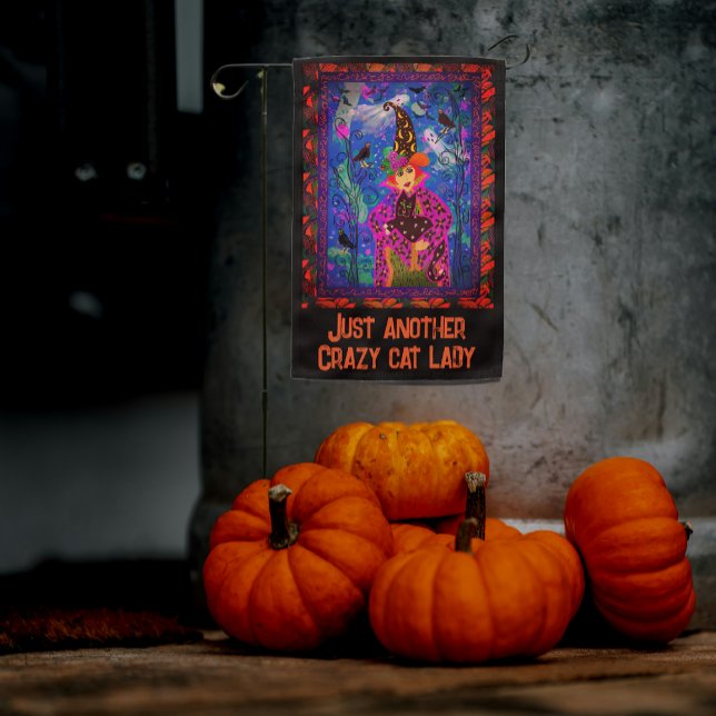 Customized Crazy Cat Lady Witch Halloween Night  Garden Flag (Personalize with your own message.)