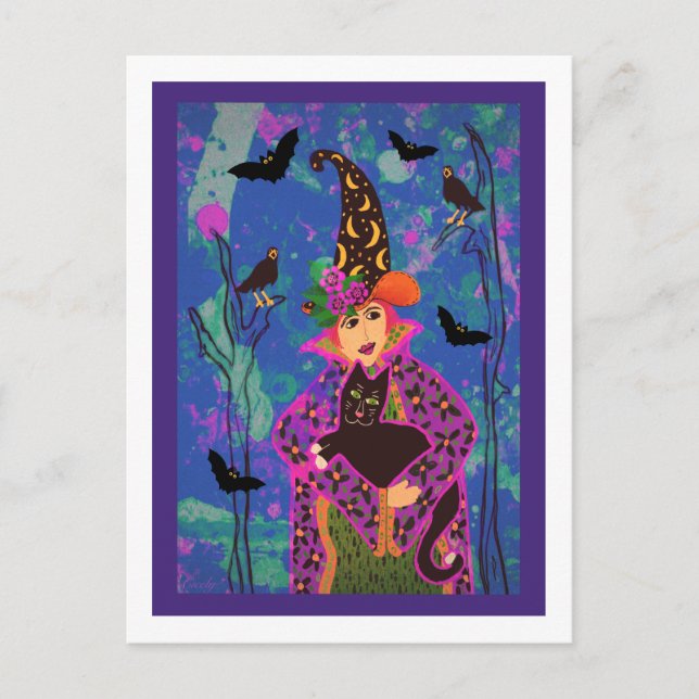 Customized Crazy Cat Witch  Halloween Post Card (Front)