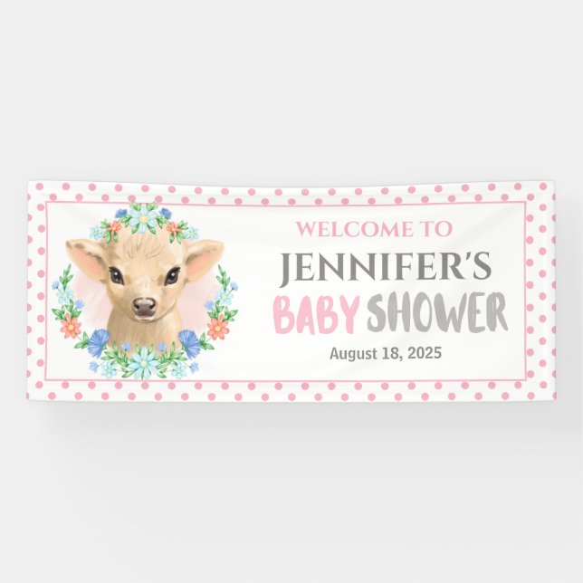 Customized Cute Cow Pink Floral Baby Shower  Banner (Horizontal)