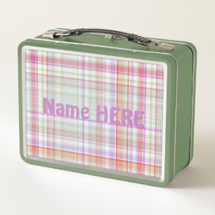 Customized Cute Elegant Purple Green Plaid Pattern Metal Lunch Box