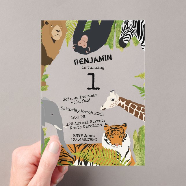 Customized Cute Jungle Animals Safari Birthday Acrylic Invitations (Insitu (Handheld))