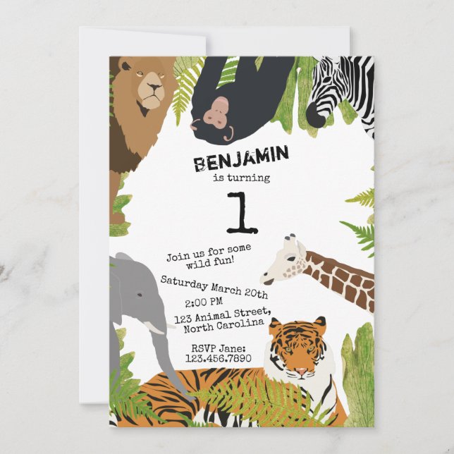 Customized Cute Jungle Animals Safari Kids Invitation (Front)