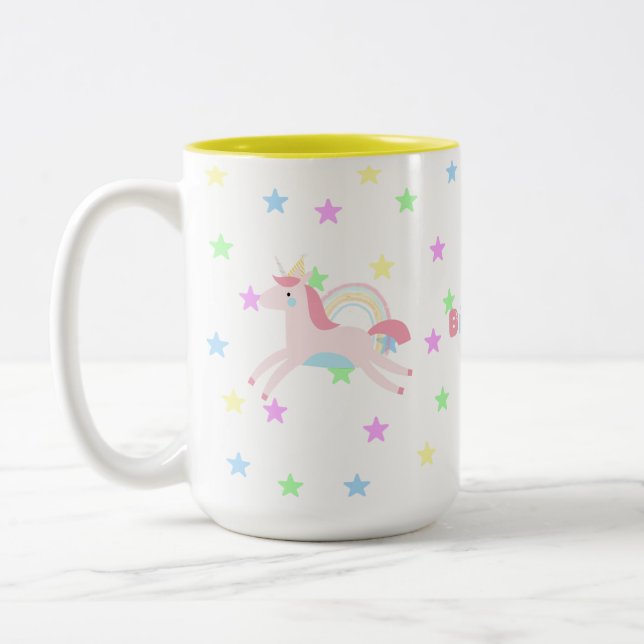 Customized Cute pastel Unicorn rainbow birthday Two-Tone Coffee Mug (Left)