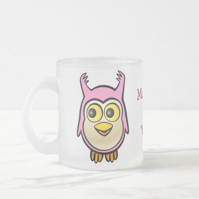 Customized Cute Pink Baby Owl Cartoon Frosted Glass Coffee Mug (Left)