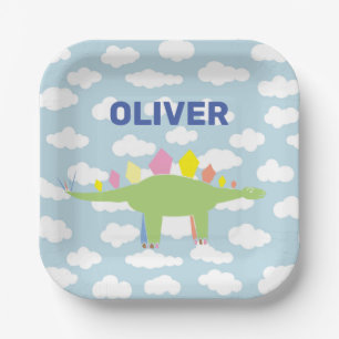 Customized Cute Stegosaurus Dinosaur Kids Birthday Paper Plates