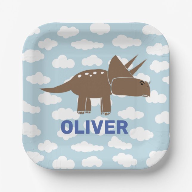Customized Cute Triceratops Dinosaur Kids Birthday Paper Plates (Front)