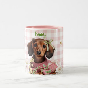 Customized Dachshund Pink & Green Two-Tone Coffee Mug