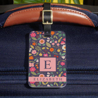 Customized Dark Blue Floral Multicolor Flowers Luggage Tag