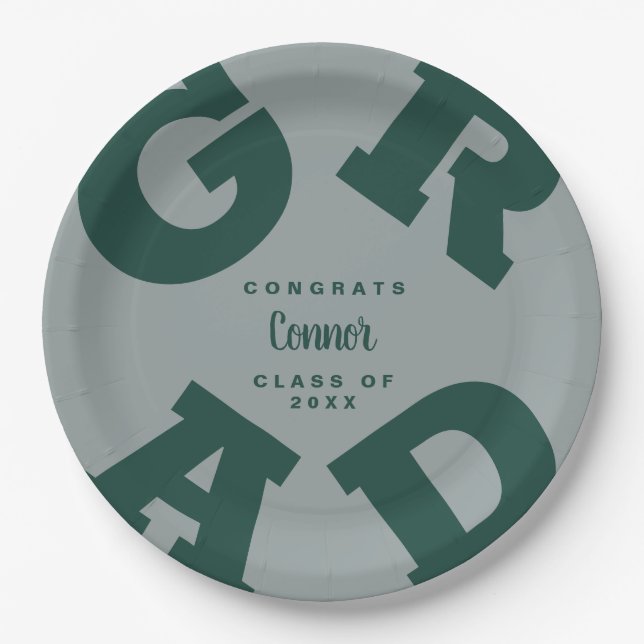 Customized Dark Green and Gray Graduation Paper Plates (Front)
