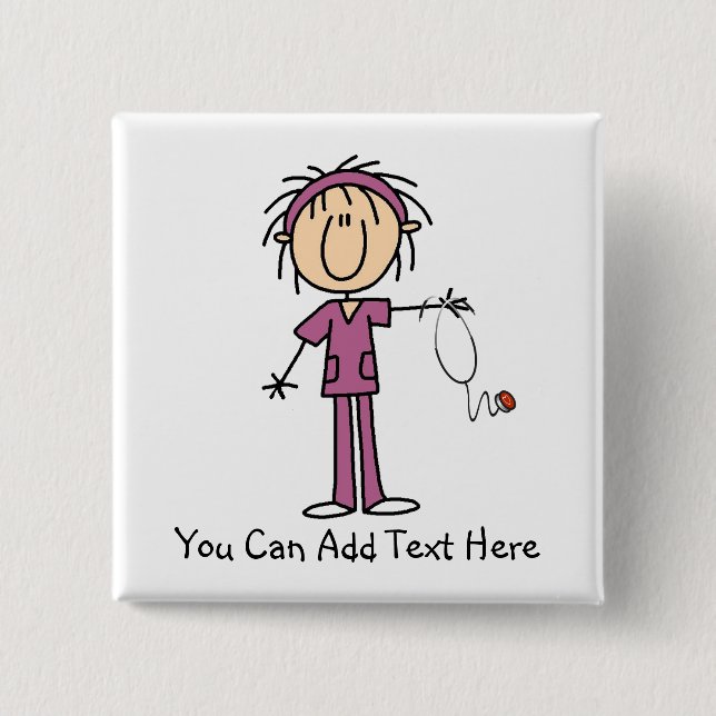 Customized Dark Hair Stick Figure Nurse Button (Front)
