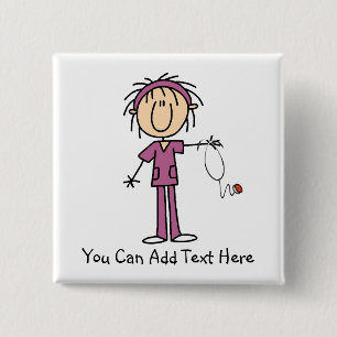 Customized Dark Hair Stick Figure Nurse Button
