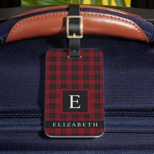 Customized Dark Maroon Red Green Checkered Pattern Luggage Tag