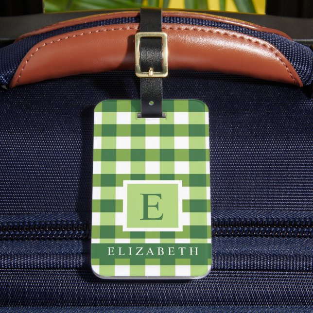 Customized Dark Olive Green White Checkered  Luggage Tag (Front Insitu 2)