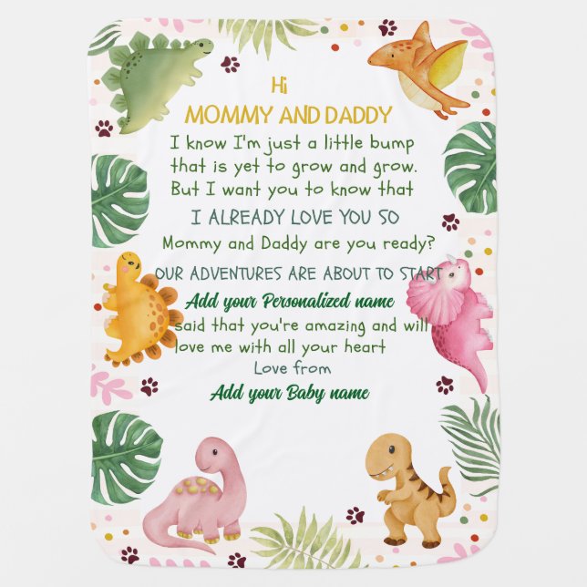 Customized Dinosaur Blanket with Newborn Message (Front)