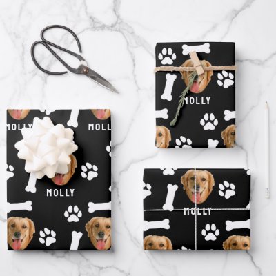Customized Dog Pet Photo &amp; Name Black Wrapping Paper Sheets