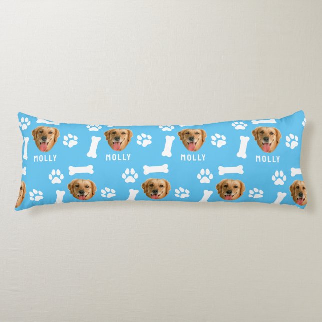 Customized Dog Pet Photo & Name Blue Body Pillow (Front)