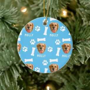Customized Dog Pet Photo & Name Blue Ceramic Ornament