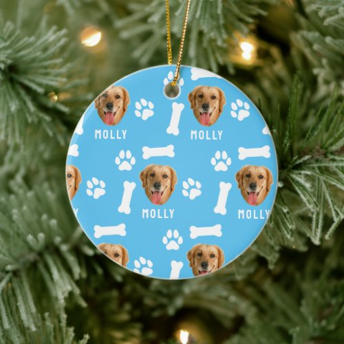 Customized Dog Pet Photo  Name Blue Ceramic Ornament