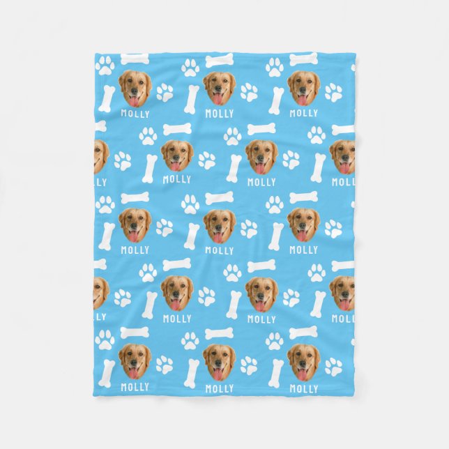 Customized Dog Pet Photo & Name Blue Fleece Blanket (Front)
