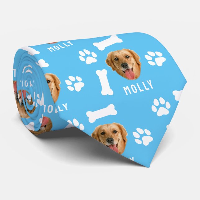 Customized Dog Pet Photo & Name Blue Neck Tie (Rolled)