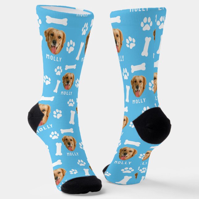 Customized Dog Pet Photo & Name Blue Socks (Angled)