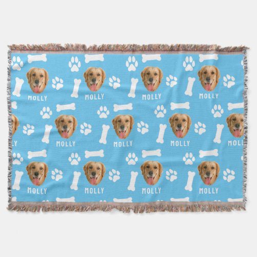 Customized Dog Pet Photo  Name Blue Throw Blanket