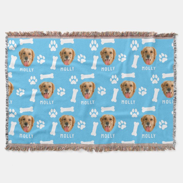 Customized Dog Pet Photo & Name Blue Throw Blanket (Front)