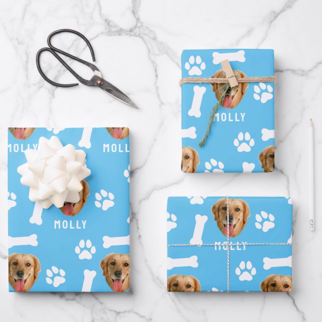 Customized Dog Pet Photo & Name Blue Wrapping Paper Sheets (Front)