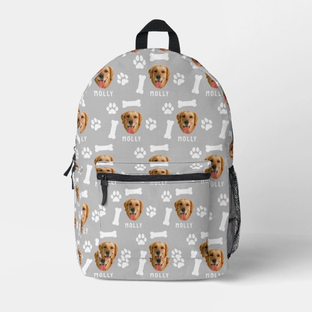 Customized Dog Pet Photo & Name Gray Printed Backpack (Front)